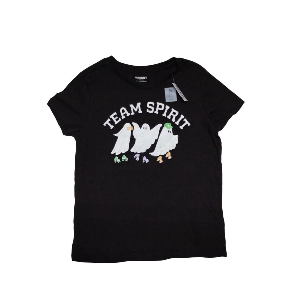 Old Navy Team Spirit Ghosts‎ T-Shirt XL (14-16) Black Cotton Kids Halloween Tee